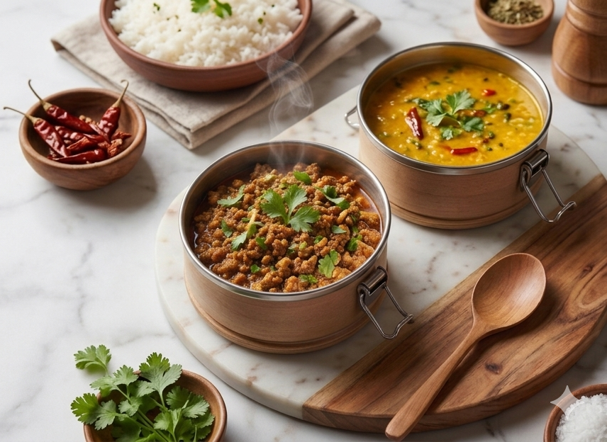 Fresh homemade lunch boxes with roti, daal, sabzi, and salad